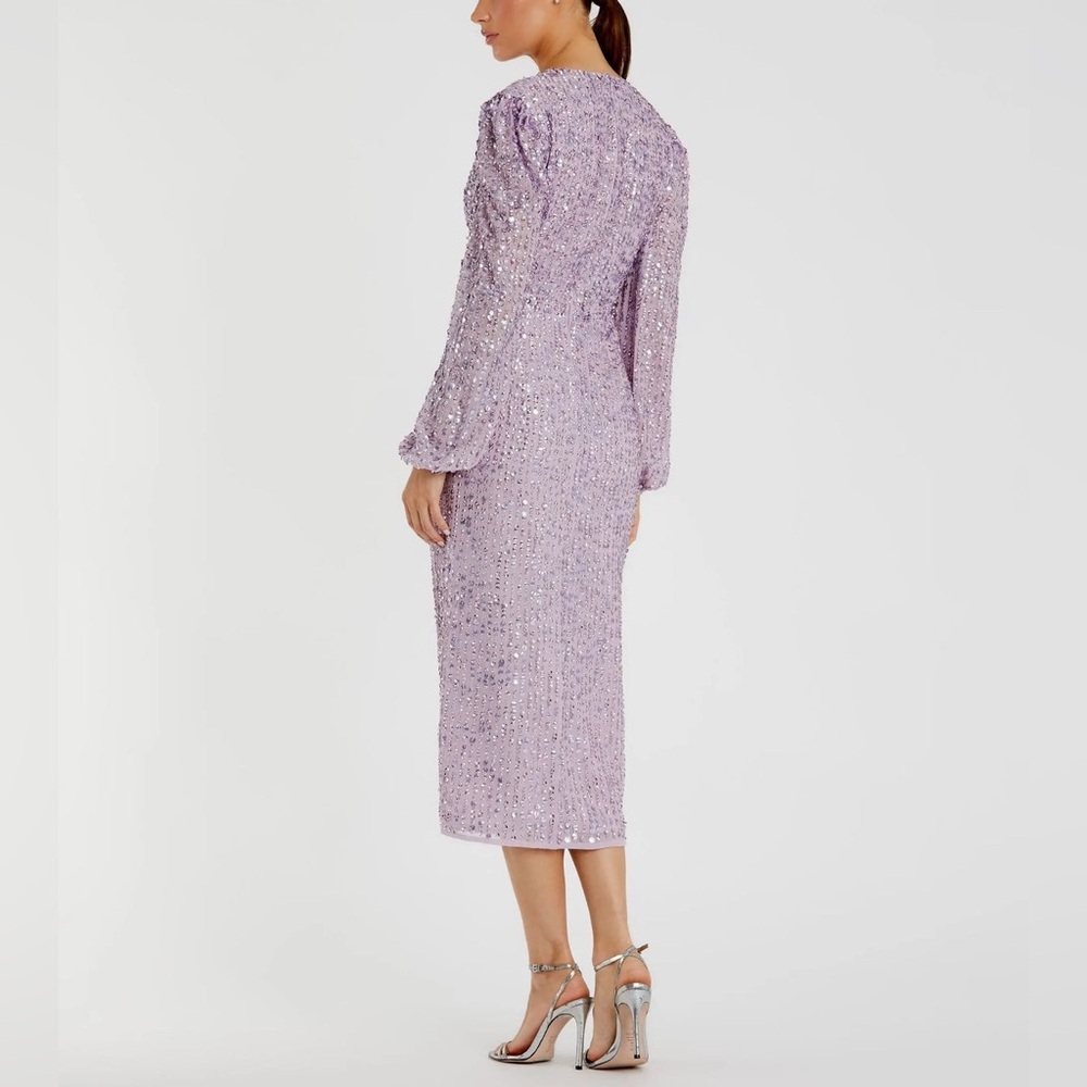 Mac Duggal Purple Sequined Illusion Puff Sleeve V Neck Midi Dress Size 12 NWT - Picture 3 of 10